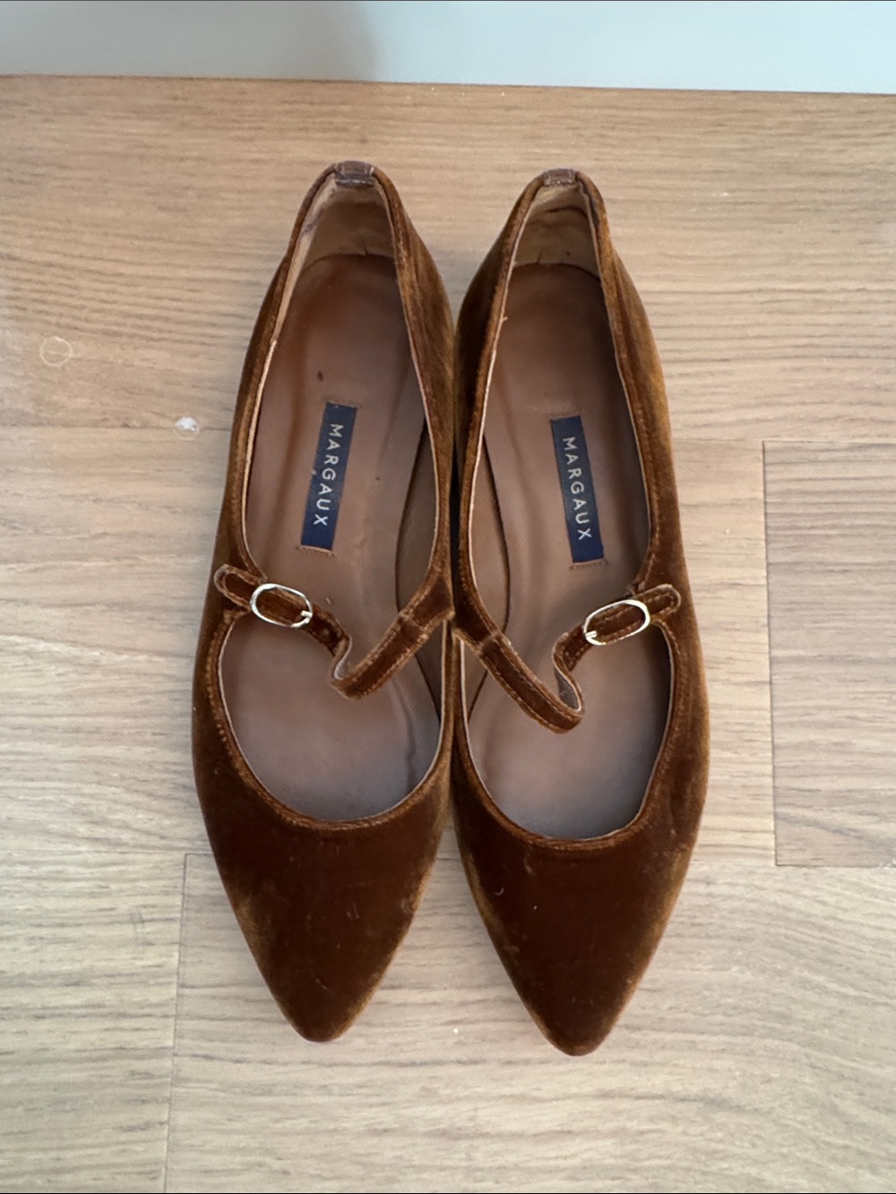 Margaux Brown Velvet Pointed Mary Jane Flats with Gold Buckle